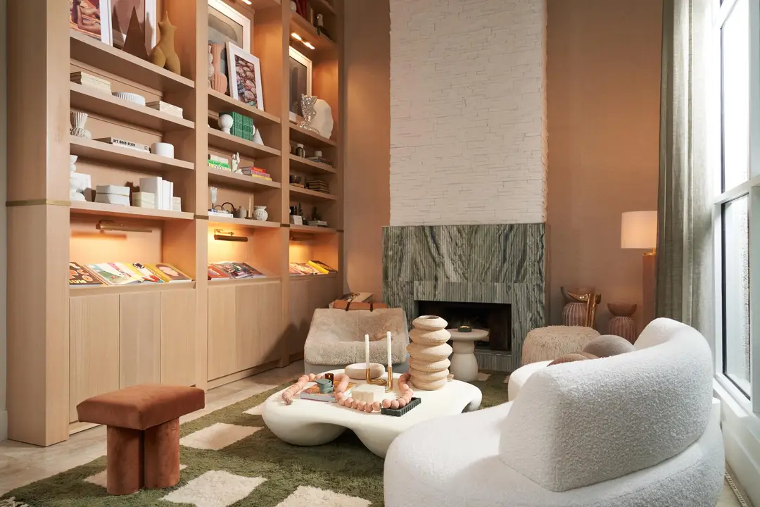 Open-Concept Living Rm, Stone Fireplace