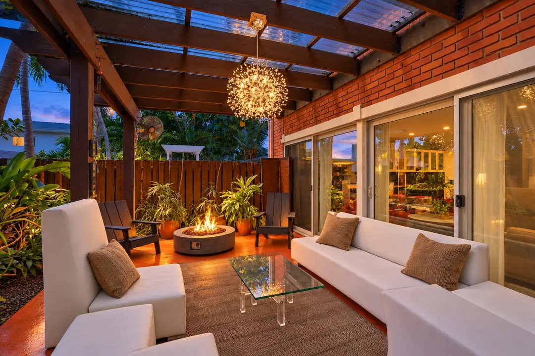 AI Twilight Patio with Glowing Fire Pit